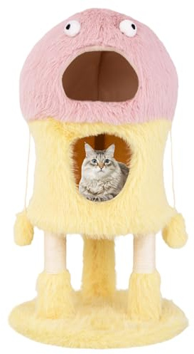 COSTWAY Kratzbaum Klein, 93cm hoch, Monster-Thema, Katzenbaum mit 2 Katzenhöhlen & Sisal-Kratzsäulen & Ball, Katzenkratzbaum Holz, Katzen Katzenmöbel, Aktivitätsbaum Spielbaum, Pink+Gelb