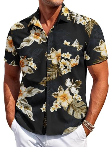 COOFANDY Mens Hawaiian Shirt Short Sleeve Casual Button Down Shirt Flower Printed Beach Tops Summer Holiday Shirt Regular Fit with Pocket Flower-Black L