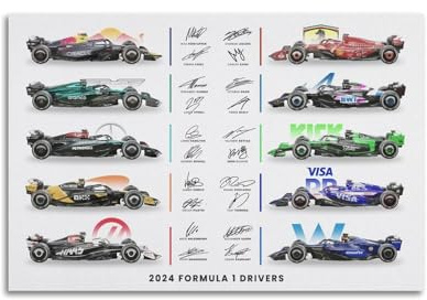 CHIMOSHEJI Autogramm-Poster mit F1-Fahrer-Autograph 2024 – Dekorative Wandkunst für Schlafzimmer – 30 x 45 cm – Ohne Rahmen