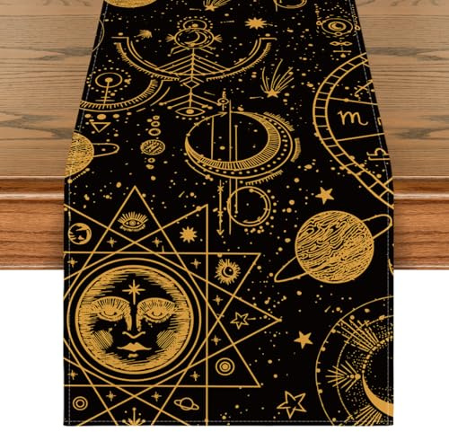 Artoid Mode Schwarz Gold Astrology Okkulter Mond Magie Tischläufer, Küche Esstisch Couchtisch Dekoration Drinnen Urlaub Party Dekor 40x180 cm