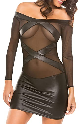 Generisch Damen Leder Kleid Für Damen Sexy Reizwäsche Leder Shorts Damen Schwarz Latex Kleidung Kinkywear Dame Sexy Dessous Elegant Domina Outfit Swingerclub Frauen Kleid Top Dessou
