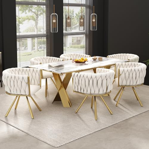 Wuudi Lot de 6 chaises de salle à manger pivotantes en velours avec quatre pieds en métal, beige et doré