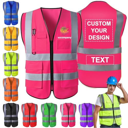 Morlavid Gilet de Sécurité Haute Visibilité Personnalisé avec Poches Chasuble Personnalisable avec Logo para Hombre pour le Travail de Construction,Rose