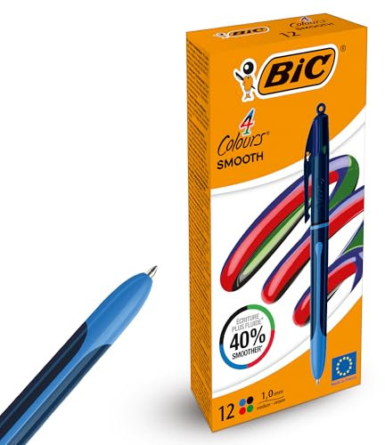 BIC - Bolígrafos lisos de 4 colores, 12 unidades, diseño retráctil, multicolor, con cuatro tintas vibrantes surtidas, bolígrafos multicolor todo en uno para la escuela, la oficina y codificación de