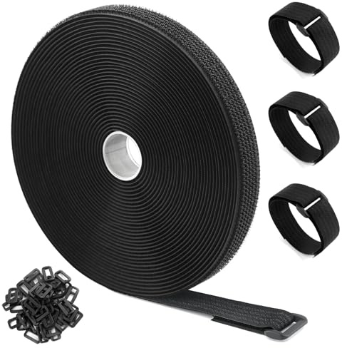 ZSURLUX 2,5cm x 10m Klettband mit 50 Schnallen, Breit Klett Kabelbinder Wiederverschließbar, Klettverschluss Band Verstellbar, Klettgurt mit öse zur Organize und Aufbewahrung Schwarz