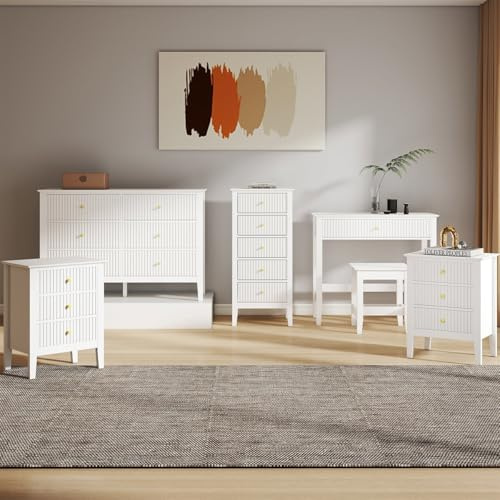 Melody Maison 6 Drawer Chest of Drawers, Tall 5 Drawer Bedside Table, Pair of 3 Drawer Bedside Tables and Dressing Table Set - Hales White Range