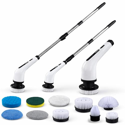 Electric Spin Scrubber 9 in 1 Cleaning Brush with 2000mah Battery, Dual Speed 300/400 Rpm, Adjustable Long Handle, Ipx7 Waterproof Power Scrubber for Bathroom Kitchen Floor Tile Cleaning