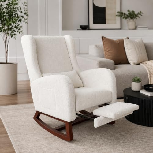 Sillón Mecedora de Lactancia con Bolsillo Lateral y Cojín, Butaca Mecedora Tapizada en Tela de Lino, Silla Mecedora Relax con Patas de Madera Maciza para Salón, Dormitorio y Lectura (Blanco-1)