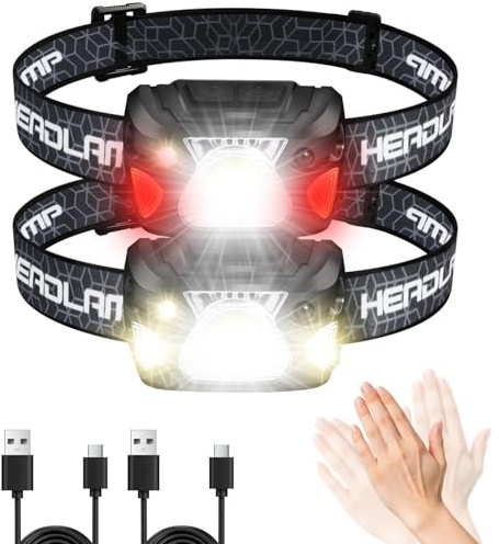 Yeecka Stirnlampe LED wiederaufladbar 2 Stück, 2000 Lux Superhelle LED Kopflampe mit 6 Leuchtmodi Sensor & Rotlicht, Batteriepegel Anzeige IPX4 Wasserdicht Stirnlampe Joggen,Wandern,Camping