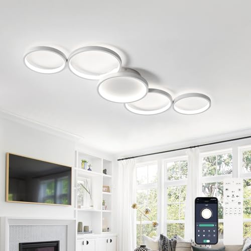 AQLEDY 99cm Led Deckenleuchte Dimmbar, 5 Ringe Deckenlampe Wohnzimmer/Schlafzimmer 55W Mit Fernbedienung, 3000K-6500K Kein Flackerndes Licht, Memory-Funktion-White
