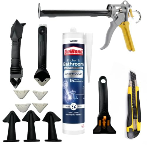 Sealant Application Bundle To Work With UniBond Anti-Mould Kitchen & Bathroom Sealant Includes Silicone Finishing Tool (3-in-1), Smoothing Kit & Precision Caulking Gun