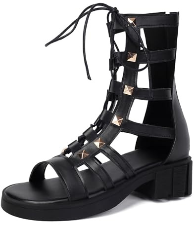 Wtharosa Weite Passform Gladiator Sandalen Damen Nieten Schnür Klobiger Absatz Mid Calf Combat Stiefeletten Für Große Größen Sommerreise und Urbanes Laufen