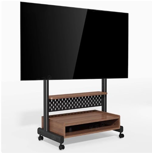 Lcd Tv Frame Floor Stand - Tv Stand On Wheels With Cabinet For 40-85 Inch, Soporte De Tv Móvil, Height Adjustment Portable Tv Floor Stand Tall With Wood Shelf, Mobile Tv Cart,Black Frame+walnut Color