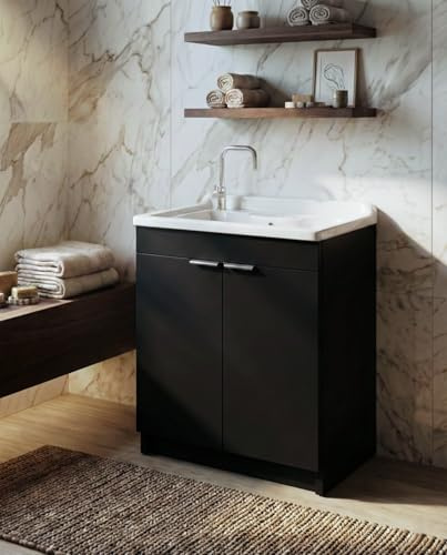 Arredamenti Delmar Mobile Lavatoio Nero 75x60 cm H85, sportello push, lavabo pilozzo in resina, Made in Italy, già montato per bagno/lavanderia