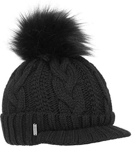 McBURN Britta Cable Knit Peak Pull On Mütze Bommelmütze Wintermütze Strickmütze Damen - Made in Italy mit Schirm, Futter, Futter Winter Herbst-Winter - One Size schwarz