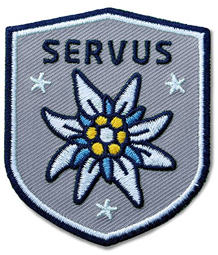 2 x Edelweiss Patch gestickt 51 x 60 mm/Aufbügler Aufnäher Patches Applikation Bügelbild Abzeichen zum aufbügeln aufnähen/Tracht Loden Lederhose Dirndl Janker Filzhut/Club of Heroes (Grau)