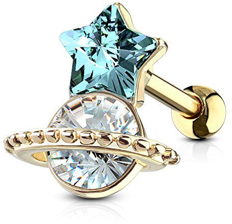 Tapsi´s Coolbodyart® Ohr Cartilage Tragus Barbell Edelstahl Chirurgenstahl 316L Gold Saturn Stern Zirkonia