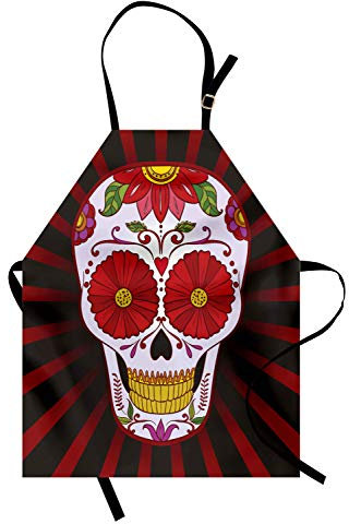 ABAKUHAUS Zuckerschädel Kochschürze, Catrina inspirierte Kunst des Totenkopfs des Totenkopfs mit verziertem Blumen-Erinnerungs-Thema, Höhenverstellbar Klare Farben ohne verblassen, Lila Rot