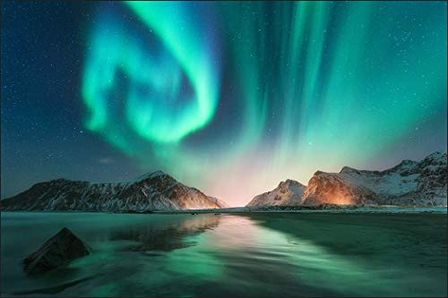 Muralo Fototapete Landschaft 300 x 450 cm Vlies Tapete Wandtapeten Gebirge Nordlicht Sterne Himmel Wohnzimmer Schlafzimmer Moderne Wandbilder XXL Natur Panorama Wand Dekoration
