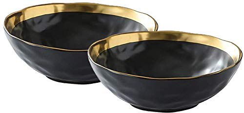 KKGUD Vintage Ceramic Cereal Bowls for Soup Cereal Rice Salad Noodles- Elegant Gold Edged Design, Black, Set of 2 (7.8 inches)