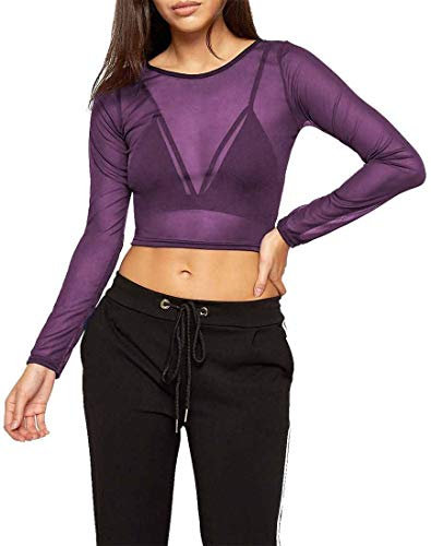 FAIRY TRENDZ LTD Womens Sheer Mesh Crop Top Ladies Long Sleeve Crew Neck Plain Stretch New UK 8-14 (Purple UK 12-14)