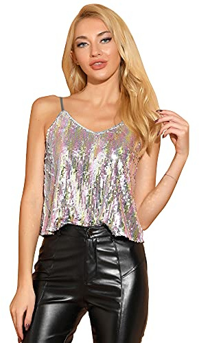 Allegra K Canottiera Natalizia da Donna con Paillettes Luccicante Camisole per Club Party Top Cami Scintillante, Argento e rosa., 44