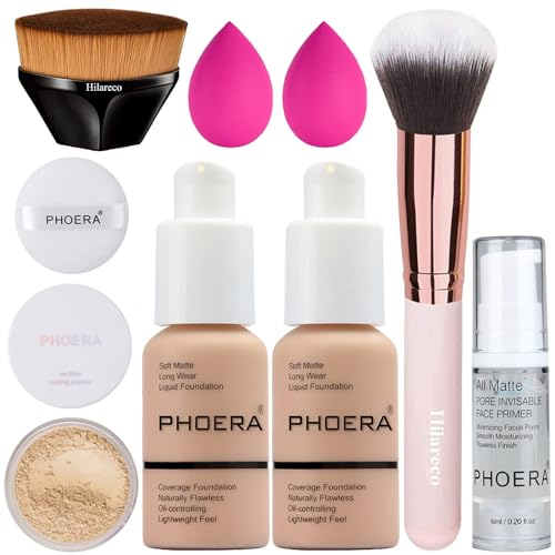 PHOERA Foundation,PHOERA Primer, PHOERA Puder,Concealer Cover Flüssigmatt Full Coverage, Make Up Foundation Pinsel and Puder Pinsel, Make up Schwamm Set (2 PCS #103 Warm peach)
