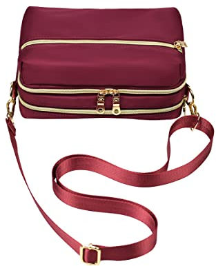 YANAIER Damen Umhängetasche Klein Mini Bag Sling Tasche Handtasche Frauen Mädchen Tasche mit Vielen Praktischen Taschen Nylon Schultertasche Dunkelrot