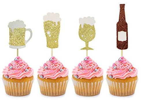 24 PCS Gold Glitter Beer Glass Champagne Cheers Cupcake Toppers for Men Women Birthday Party Oktoberfest Bachelorette Theme Party Wedding Baby Shower Party Cake Decorations Supplies Picks