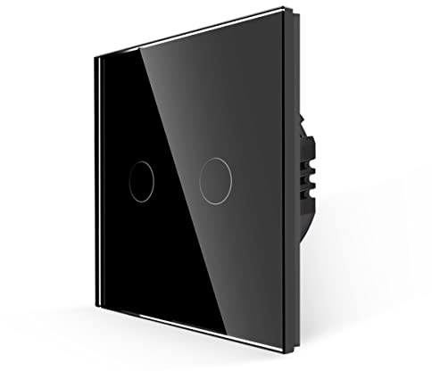 JIMEIDA Touch Lichtschalter in Schwarz, Doppelter Lichtschalter mit Glas Panel und Status-LED, Kein Neutralleiter Erforderlich, 2-Fach 1-Poliger Wandschalter, AC 240 V, 500 W/Fach