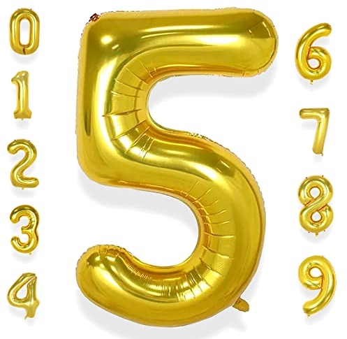 AULE Luftballon Zahl 5 Gold: XXL 101 cm Folienballon Geburtstag Gold 5 Jahre Zahlen 40 Zoll Helium Ballon Kinder Junge Mädchen Zahlenballon für Babyparty Jubiläum Deko