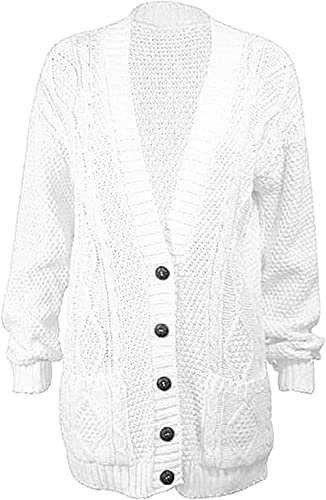 Purple Hanger Women’s New Long Sleeves Ladies Chunky Aran Cable Knit Button Grandad Cardigan Sweater Plus Size 8-26 (24-26, White)