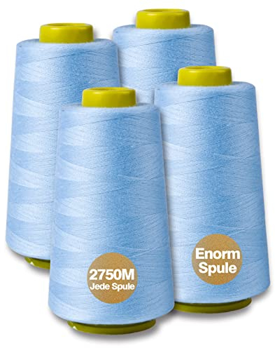 NäHgarn Overlockgarn 100% Polyester Baby blau NäHgarn Set FüR NäHgarn Faden Garn NäHmaschine 4 NäHgarn Zwirn ReißFest NäHmaschinengarn Thread NäHfaden Overlock Garn 40/2 Je 2745 M, Insgesamt 11000m