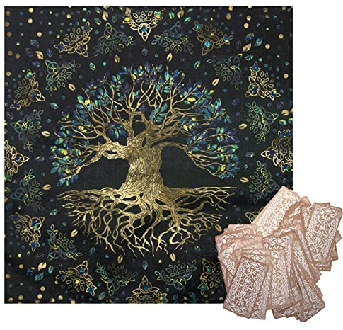 Pomurom Altartuch, Tarotkarten Tischdecke, Baum/Blume Muster, Leinen, Quadratisch, 60 x 60 cm, Spirituelles Altartuch