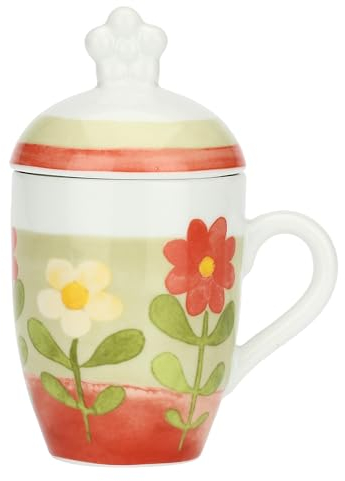 THUN, Mug con Coperchio in Porcellana Decorata a Mano con Motivi Floreali, Linea Florianne, Ø 8.5 12 cm h, Capienza 300 ml