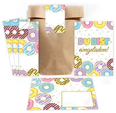 12 Einladungskarten zum Kindergeburtstag Mädchen Jungen Donuts incl. 12 Umschläge, 12 Partytüten/natur, 12 Aufkleber Einladungsset