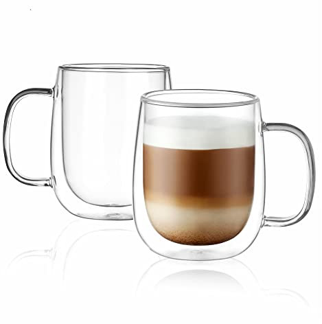 CNGLASS Doppelwandige Macchiato Gläser 355ml/12oz, Isolierbecher-Set mit Griff, Glas-Kaffeebecher für Latte, Cappuccino, Teebeutel, heiße und kalte Getränke, 2er-Set