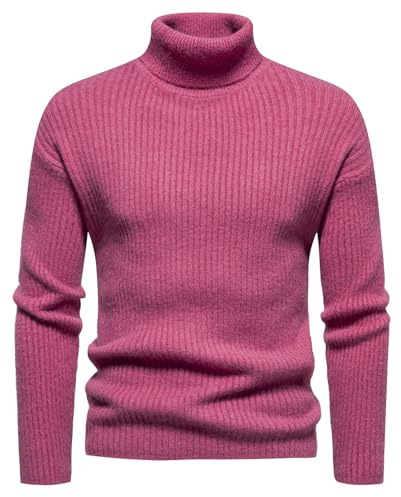Polo à col roulé en coton épais et chaud pour homme, coupe droite, pull à col roulé à manches longues et col roulé, rose vif, XXL