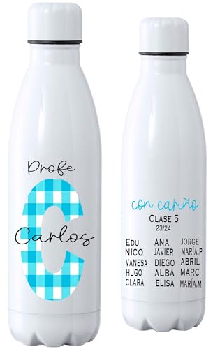 Botella personalizada con nombres de alumos, regalo profesor, botella estampado vichy (VICHY AZUL)