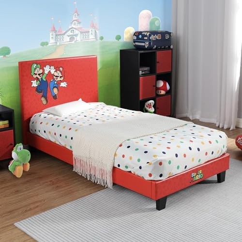 X-Rocker Official Nintendo Super Mario Gaming Bed for Kids, 3ft Single Bedstead Frame, Wooden Slats, PU Faux Leather Upholstered Headboard, Mario & Luigi with 90x190cm Mattress Included - RED
