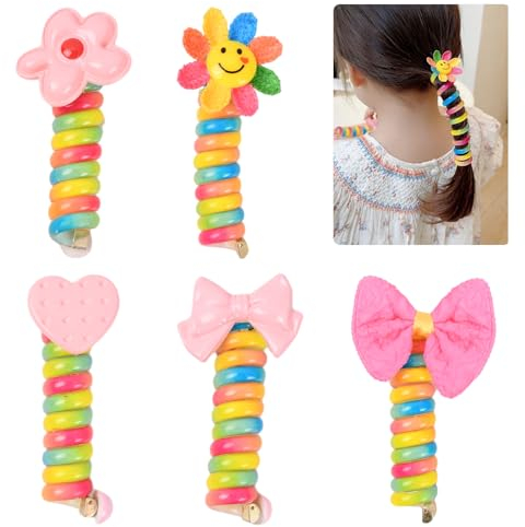 5 Stück Bunte Spiral-Haargummis Pferdeschwanz-Zöpfe, Colorful Telephone Wire Hair Bands für Kinder, Schleife Geflochtene Telefondraht-Haarbänder, Elastisch Haarband für Mädchen Dame