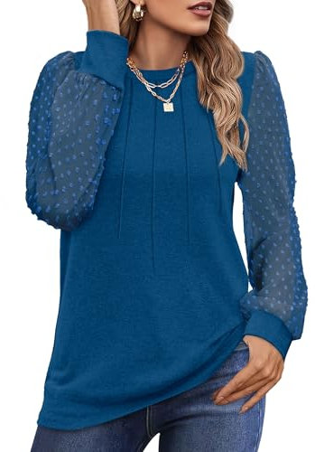 Aokosor Women Long Sleeve Tops Ladies Top Women Shirts Long Sleeve Pleated Top Lace Blue Tops Size 10-12