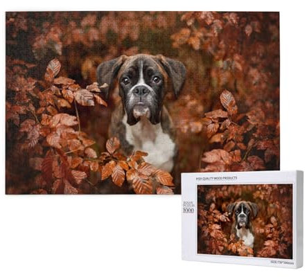 Boxer Dogs Autumn, Jigsaw Puzzles 1000 Pieces Wooden Jigsaw Toy Family Game Wall Decor for Adults Teens