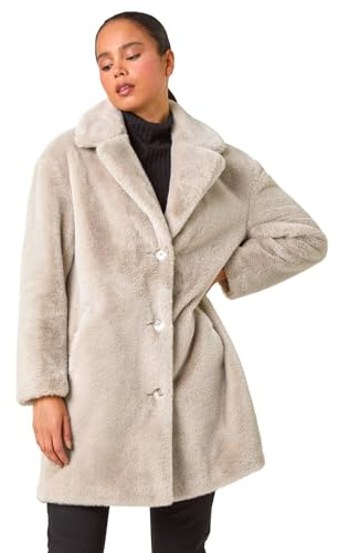 Roman Originals Women Faux Fur Coat - Ladies Jackets Teddy Bear Plush Casual Soft Fluffy Textured Oversized Warm Cosy Autumn Winter Flattering - Petite Stone - Size 12