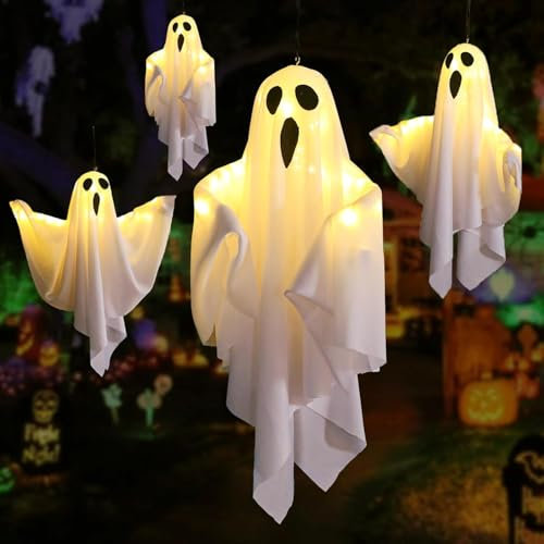 Starnearby Halloween Deko Outdoor, LED Hängende Geister, Lichterketten Halloween Geist Hängende Dekoration für Party, Terrasse, Rasen, Garten, Vorgarten Deko (4Pcs Weiß 50CM)