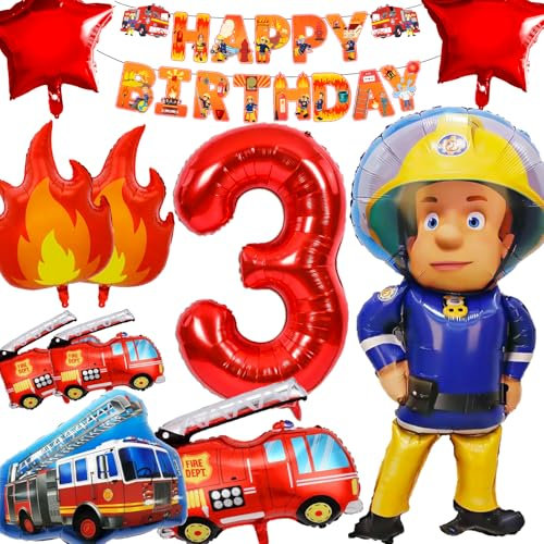 YianHien Feuerwehr Deko 3 Jahre Jungen, XXL Feuerwehrmann Sam Kindergeburtstag, Feuerwehr Themed Dekoration, Feuerwehrauto Folienballon Set Party
