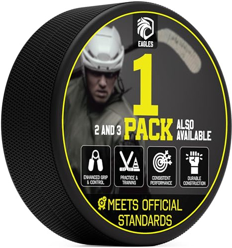 EAGLES Ice Hockey Pucks 1, 2, 3, 6 or 50 Pack | High Grade Pucks Official Regulation Weight & Size for Practice & Classic Training - 6 oz Diameter 3 Thickness 1 Black Hockey Puck Roller Hockey