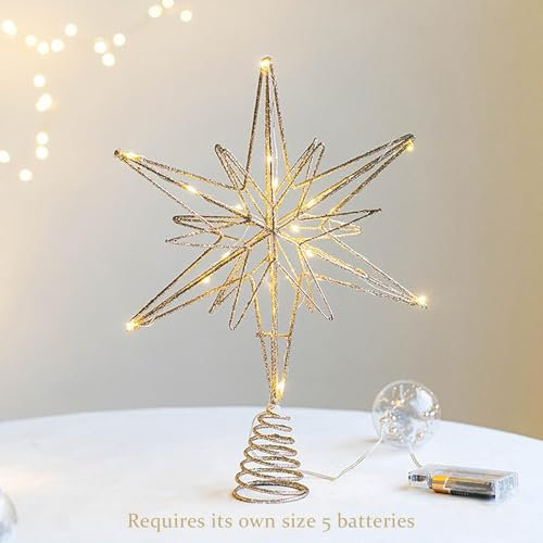 Estrella De Navidad | Adorno De Oro para El Árbol Con Luces LED | Estrella Hueca Decorativa