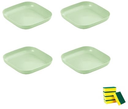 HSNAXingLife 4 Pièces Assiette carrée plastique reutilisable,Assiettes incassables adaptées aux desserts gâteaux fruits salades pâtes,Compatible micro ondes et lave vaisselle (Vert clair, 22cm)