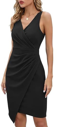 XFSRG Robe sans Manche Femme Asymétrique Portefeuille Col V Robes Chic Et Elegant Cocktail Soirée Moulante Drapée Fête Midi Élégante Summer Dress